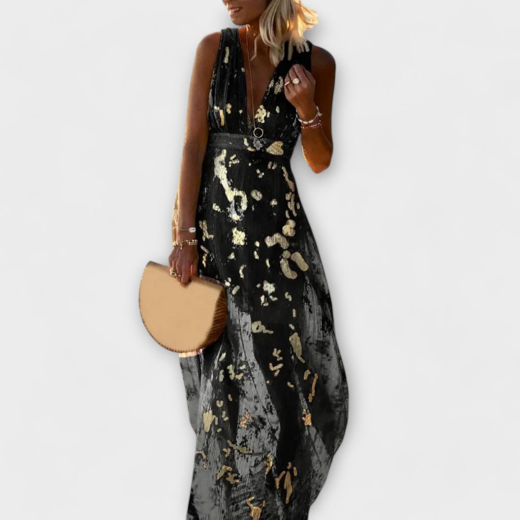 Sleeveless plunge V-neck metallic plissé maxi dress with gold foil leaf print - view 10