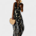 Sleeveless plunge V-neck metallic plissé maxi dress with gold foil leaf print - view 10
