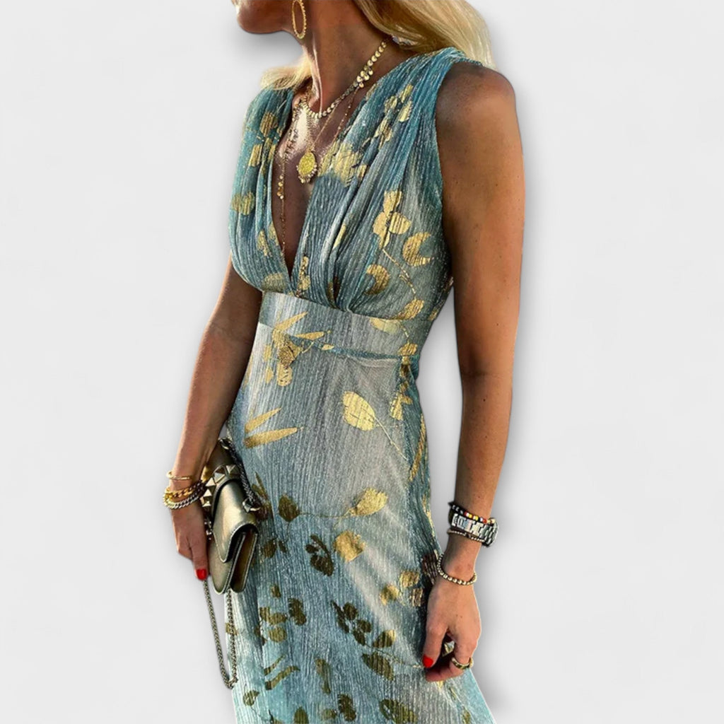 Sleeveless plunge V-neck metallic plissé maxi dress with gold foil leaf print - view 2