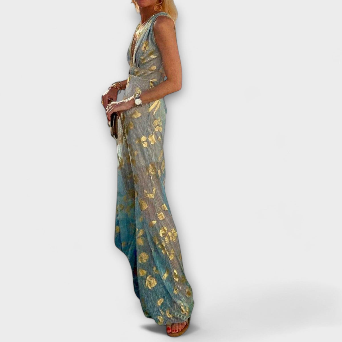 Sleeveless plunge V-neck metallic plissé maxi dress with gold foil leaf print - view 3