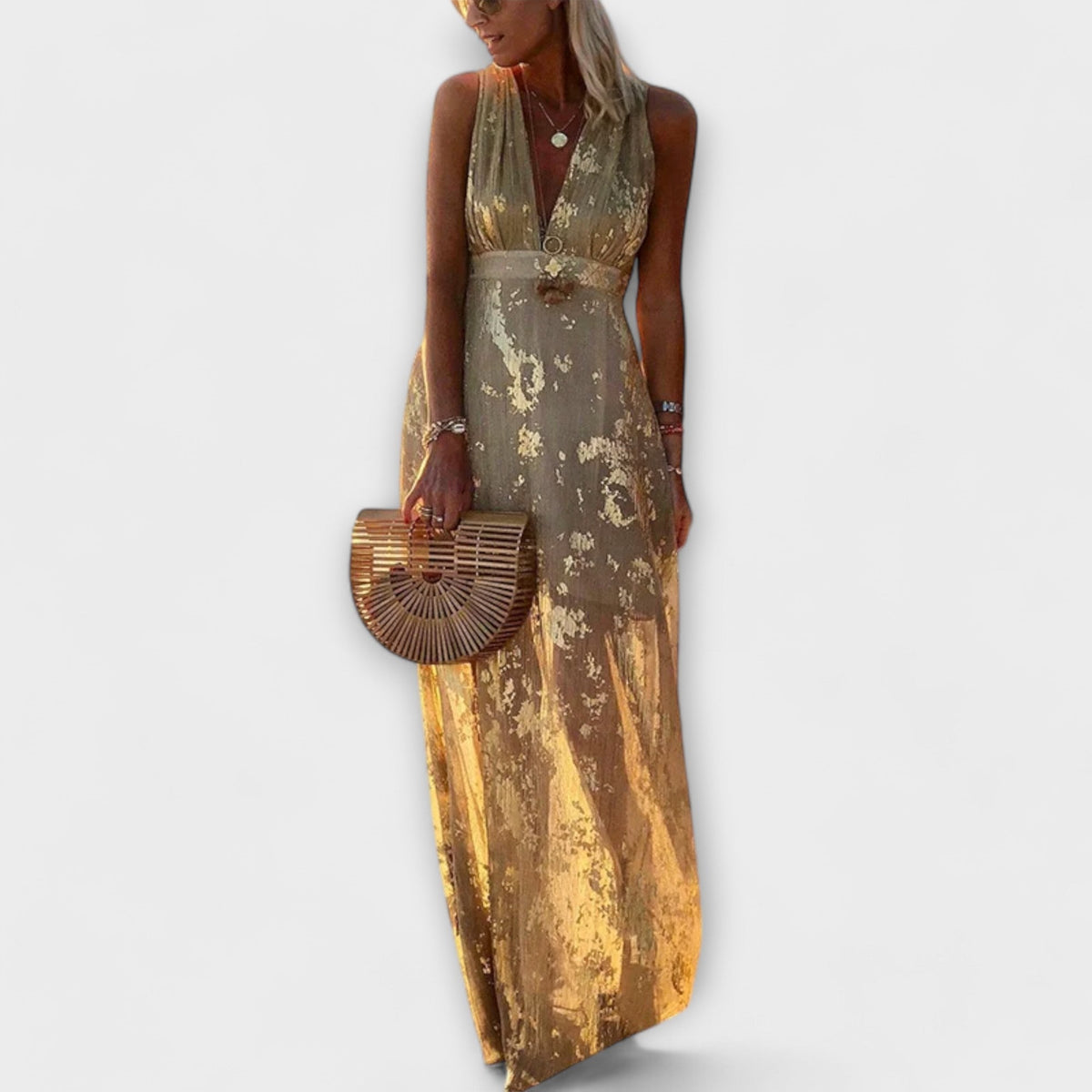 Sleeveless plunge V-neck metallic plissé maxi dress with gold foil leaf print - view 5