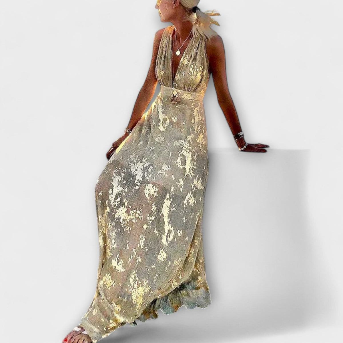 Sleeveless plunge V-neck metallic plissé maxi dress with gold foil leaf print - view 7