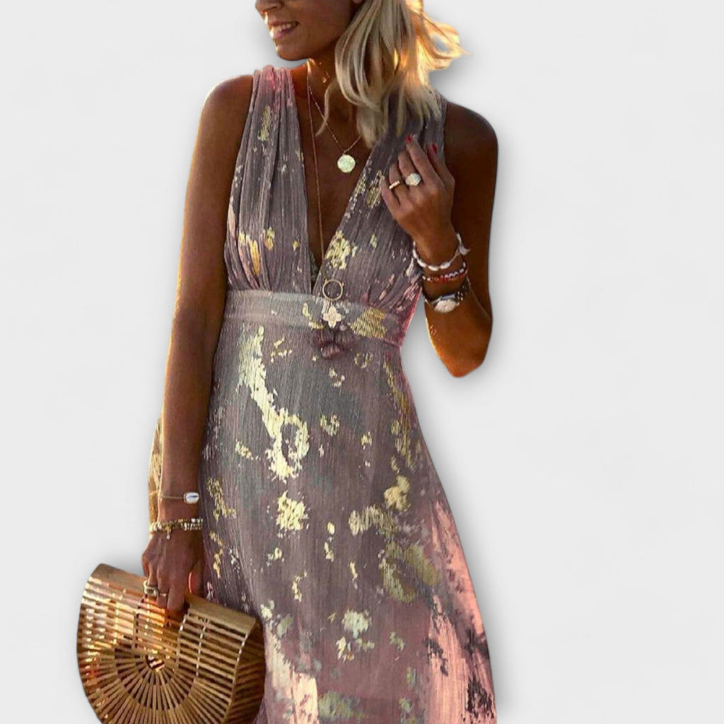 Sleeveless plunge V-neck metallic plissé maxi dress with gold foil leaf print - view 9