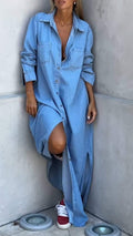 Light blue long sleeve denim maxi shirt dress with collar, button front and chest pockets