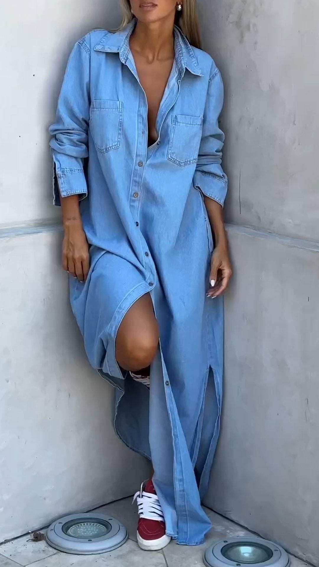 Light blue long sleeve denim maxi shirt dress with collar, button front and chest pockets