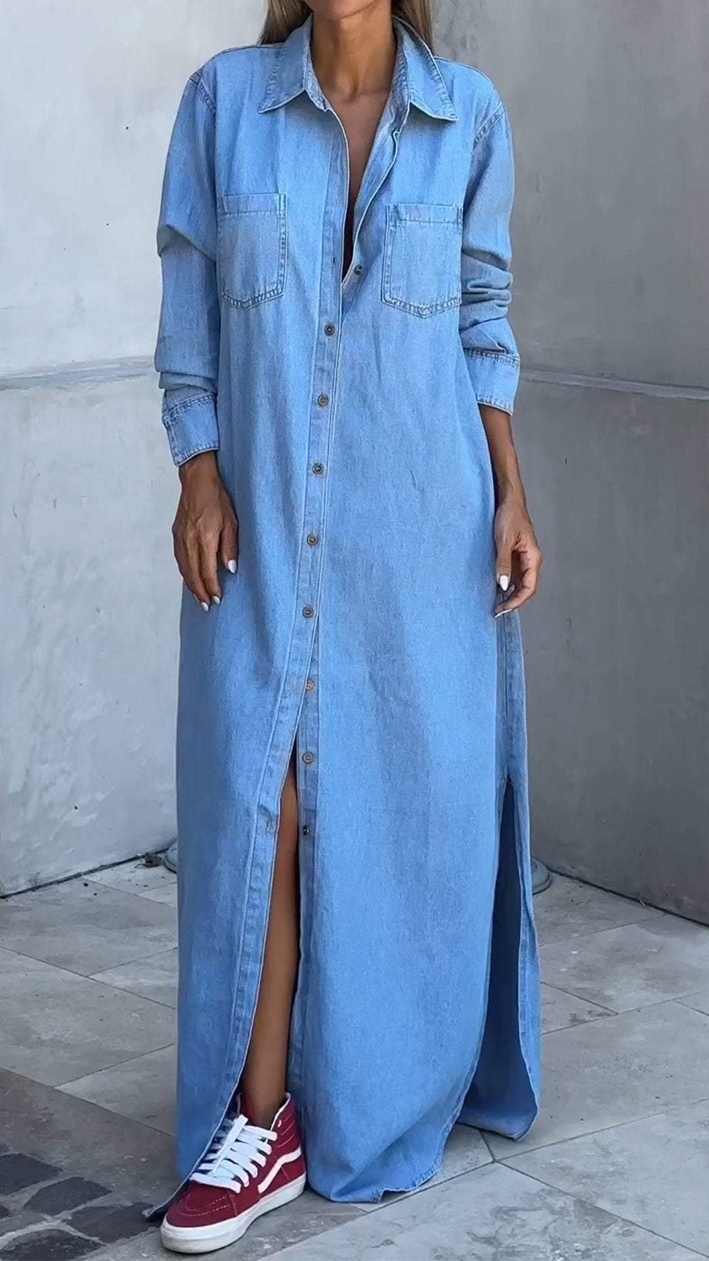 Light blue long sleeve denim maxi shirt dress with collar, button front and chest pockets - view 2