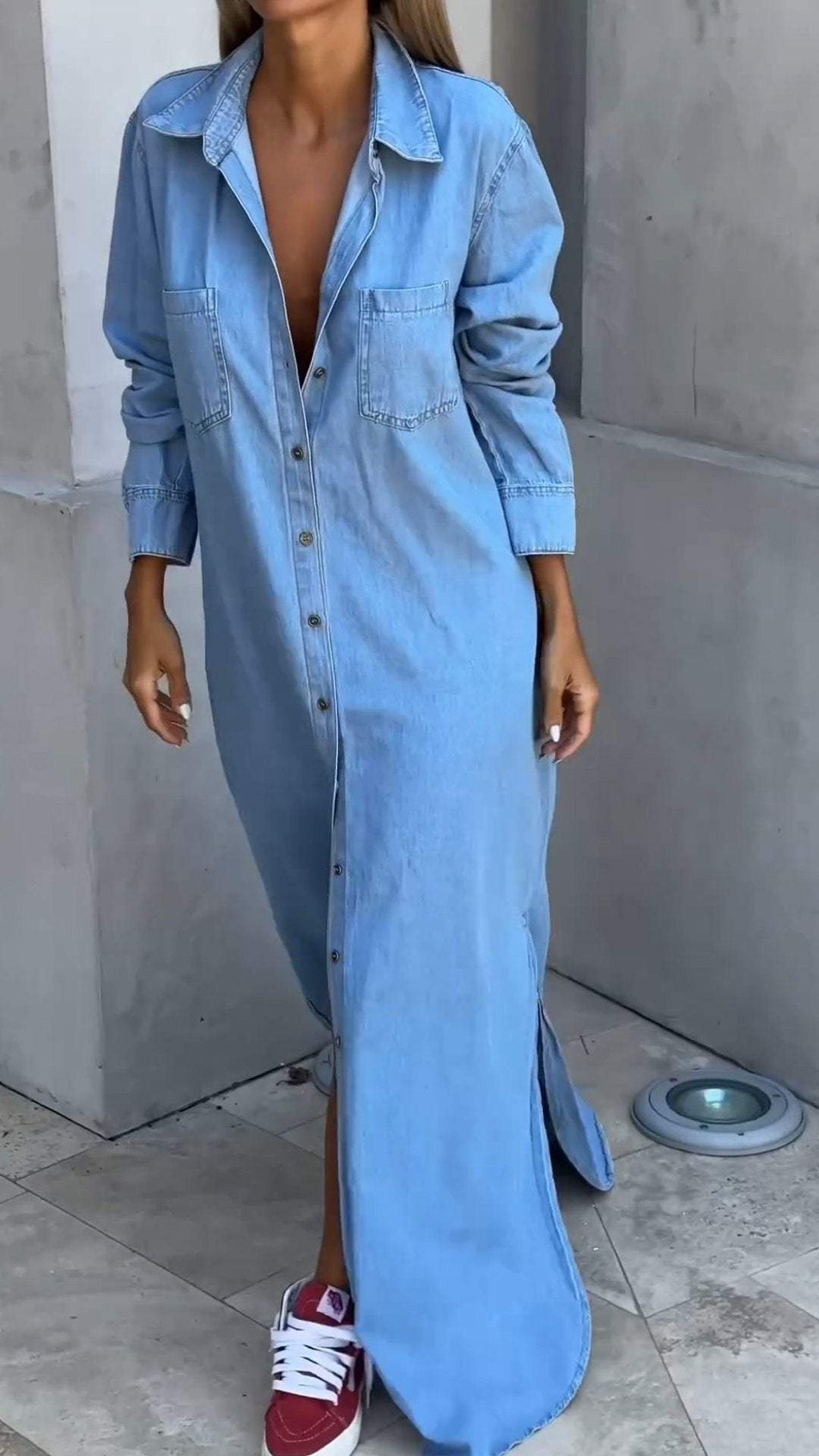 Light blue long sleeve denim maxi shirt dress with collar, button front and chest pockets - view 3