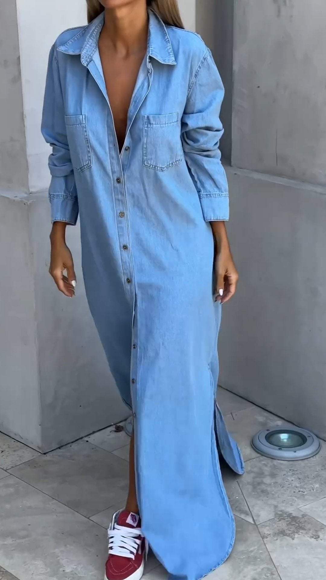 Light blue long sleeve denim maxi shirt dress with collar, button front and chest pockets - view 3