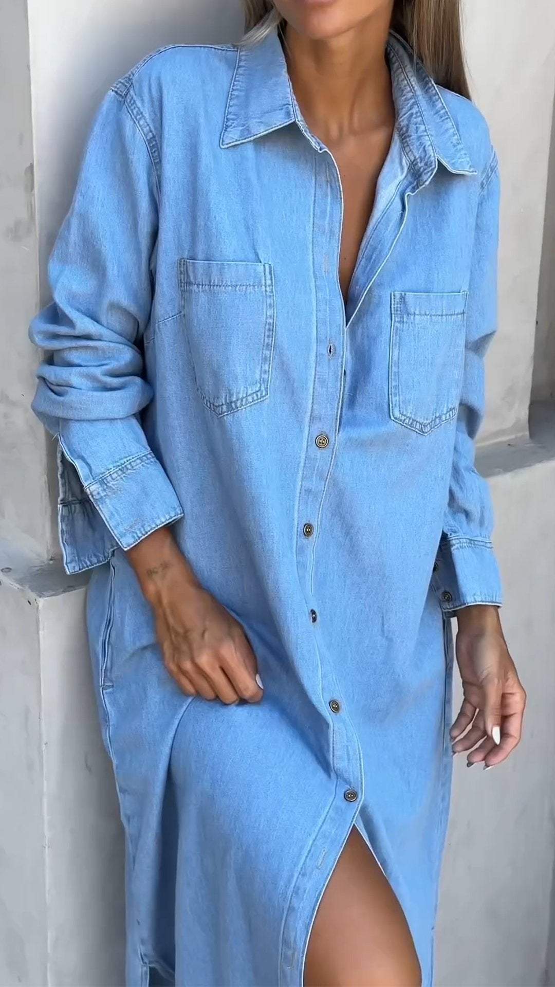 Light blue long sleeve denim maxi shirt dress with collar, button front and chest pockets - view 4