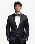 Men's embroidered tuxedo jacket with satin shawl lapel and single-button front