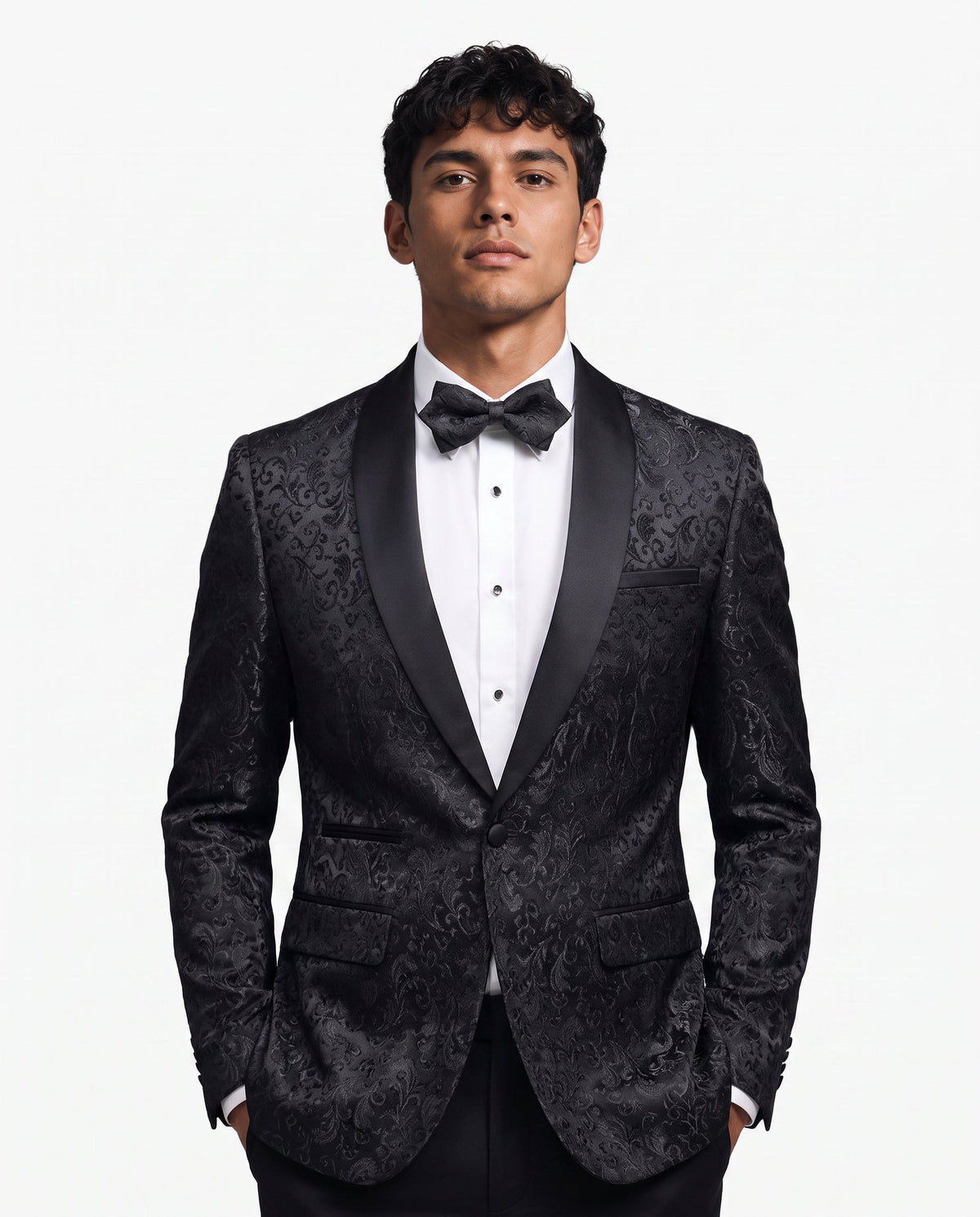 Men's embroidered tuxedo jacket with satin shawl lapel and single-button front