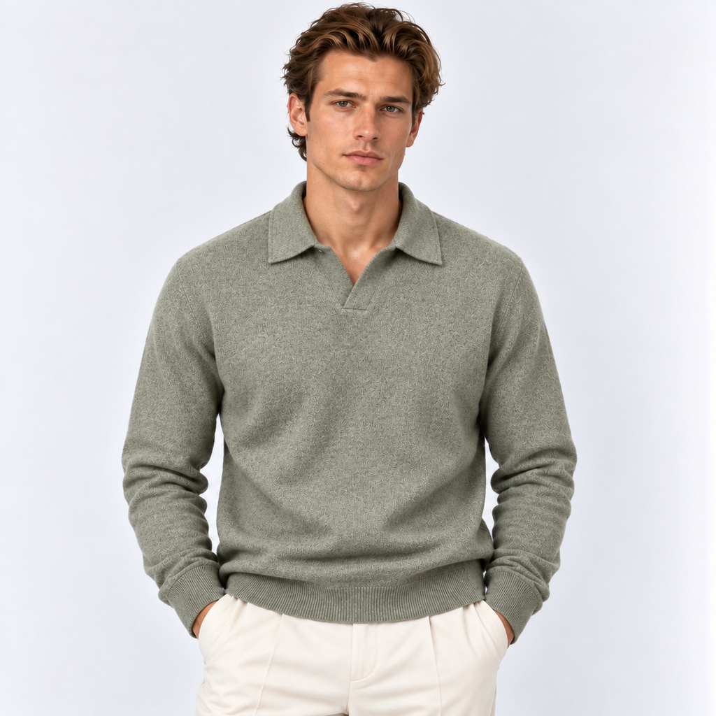 Men's open collar knit polo jumper in a tonal textured knit with ribbed cuffs and hem