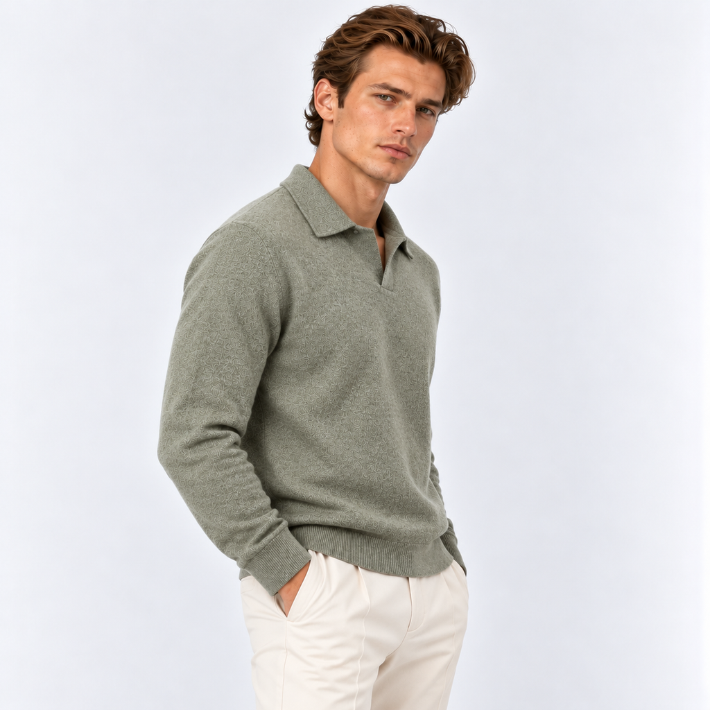 Men's open collar knit polo jumper in a tonal textured knit with ribbed cuffs and hem - view 2
