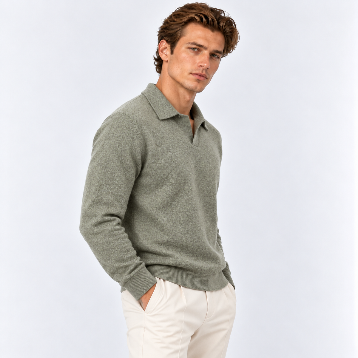 Men's open collar knit polo jumper in a tonal textured knit with ribbed cuffs and hem - view 2