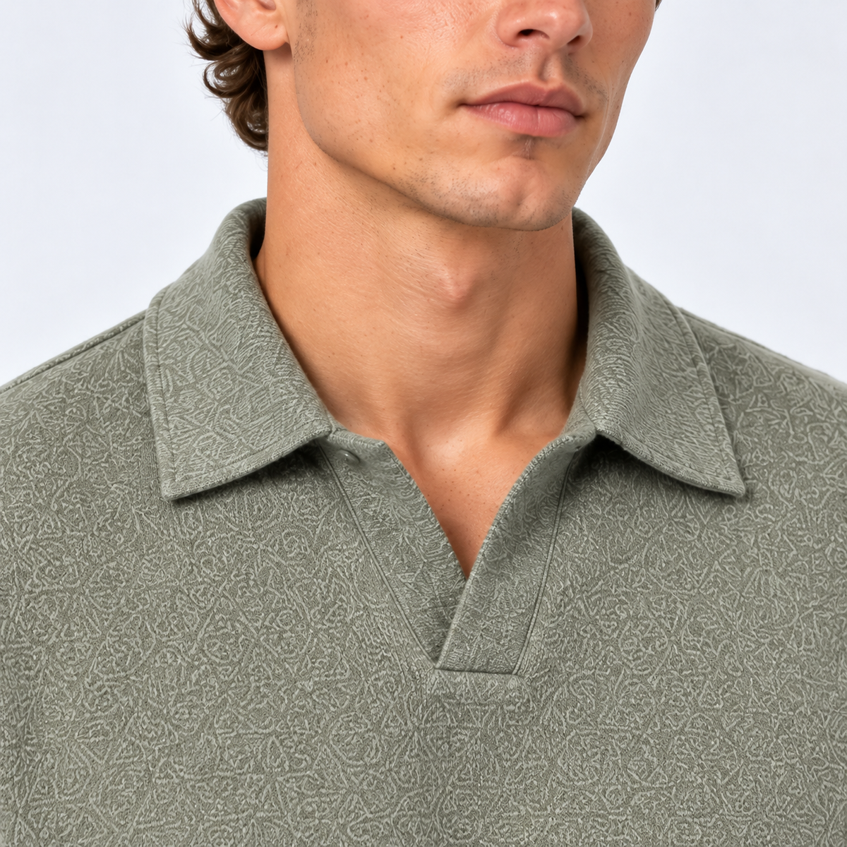 Men's open collar knit polo jumper in a tonal textured knit with ribbed cuffs and hem - view 3