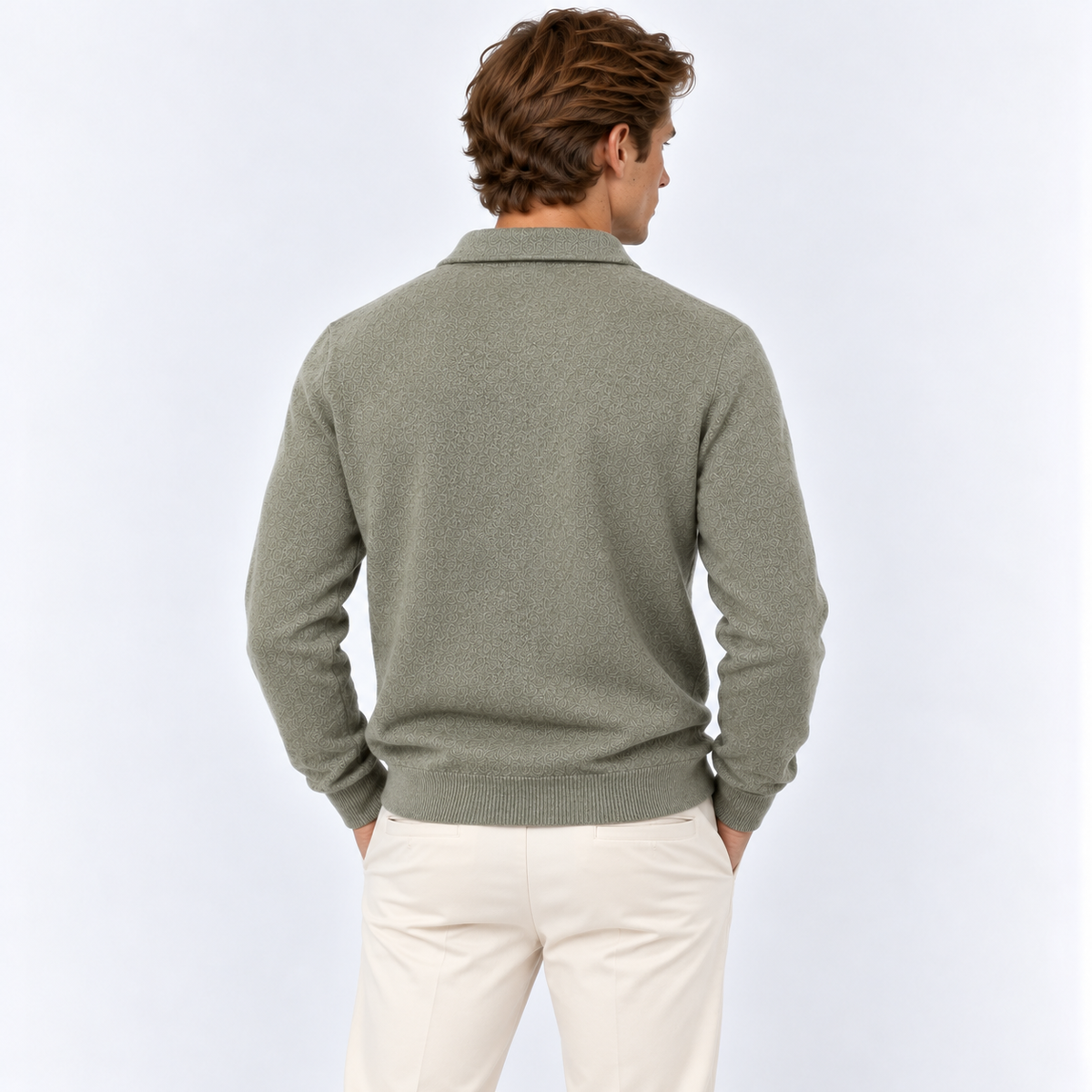 Men's open collar knit polo jumper in a tonal textured knit with ribbed cuffs and hem - view 4