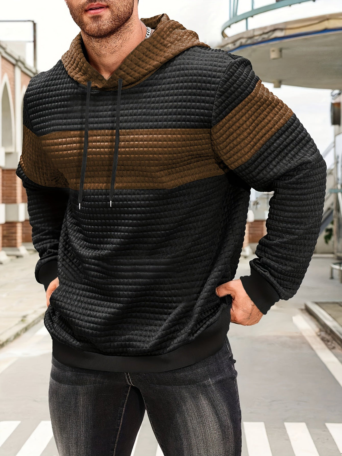 Men's colour block textured hoodie, view 15