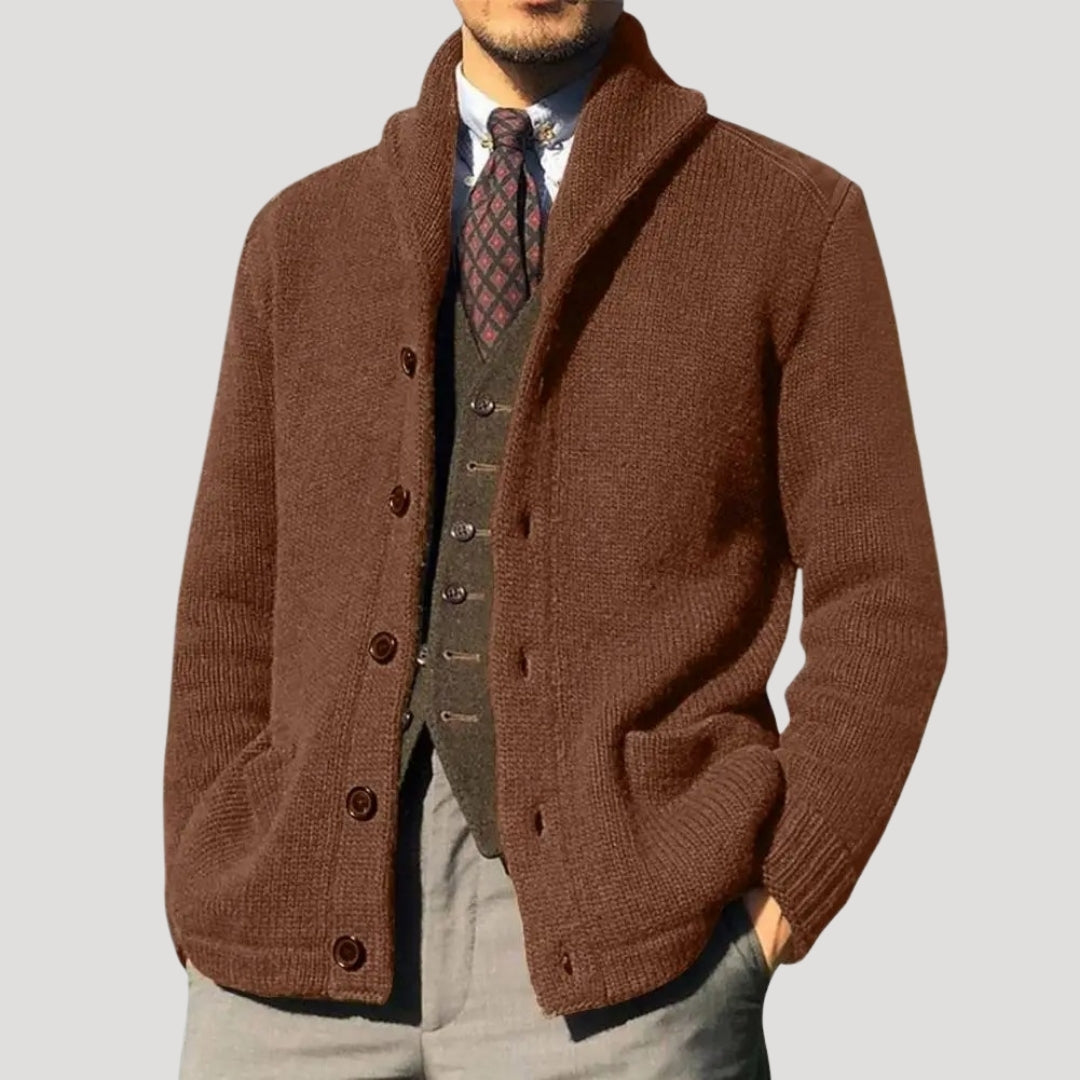 Men's shawl collar button-front chunky knit cardigan sweater
