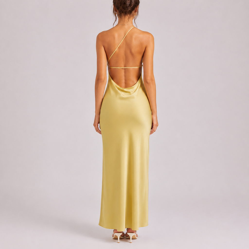 One shoulder satin maxi dress with high side split and low open back - view 2