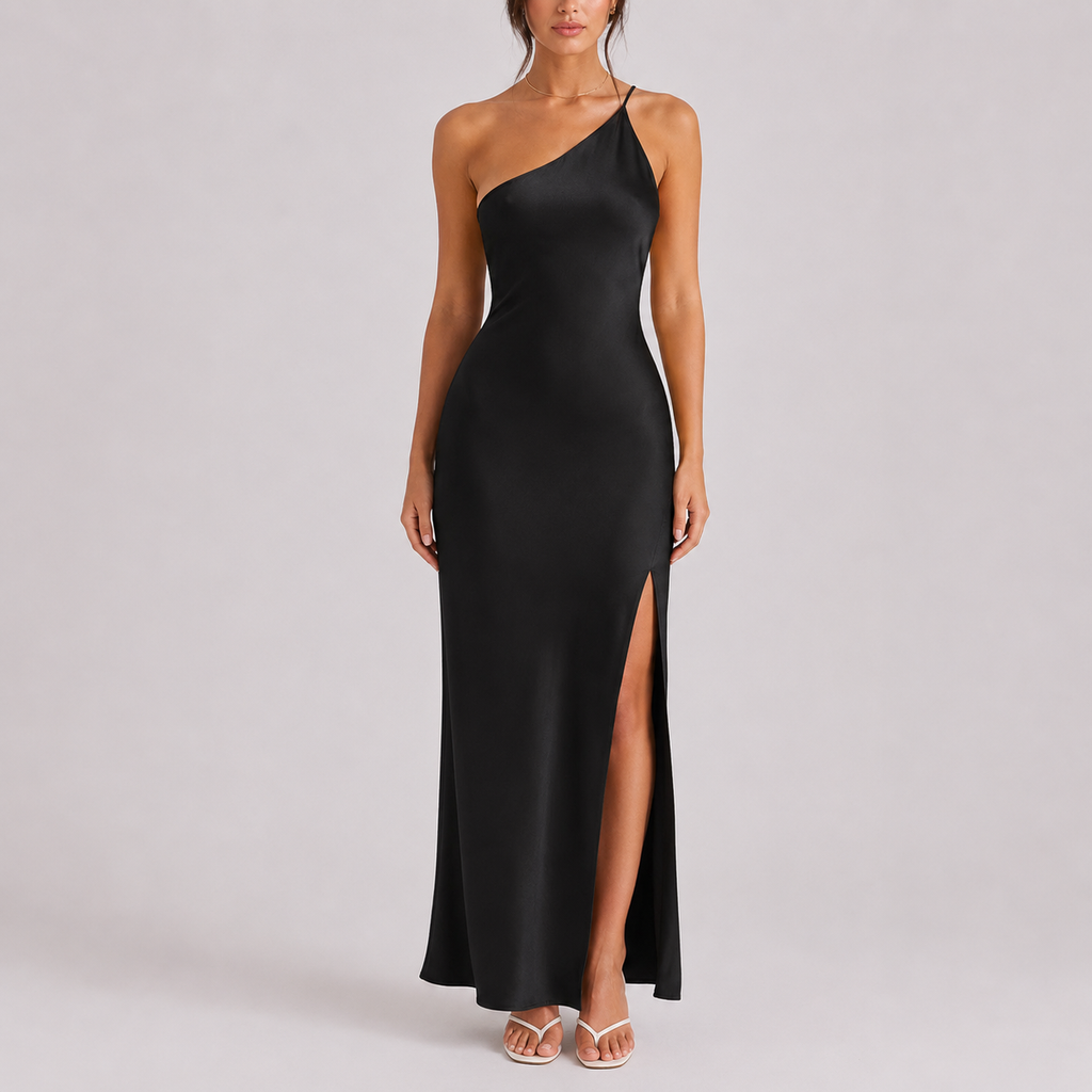 One shoulder satin maxi dress with high side split and low open back - view 3