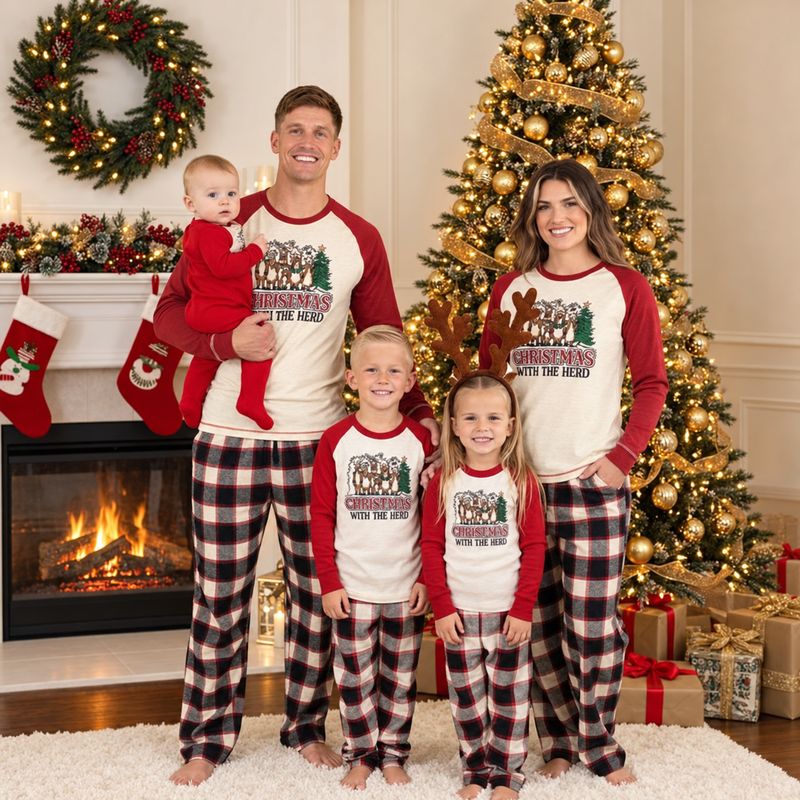 Long sleeve Christmas pajamas with reindeer print raglan tee and plaid pants