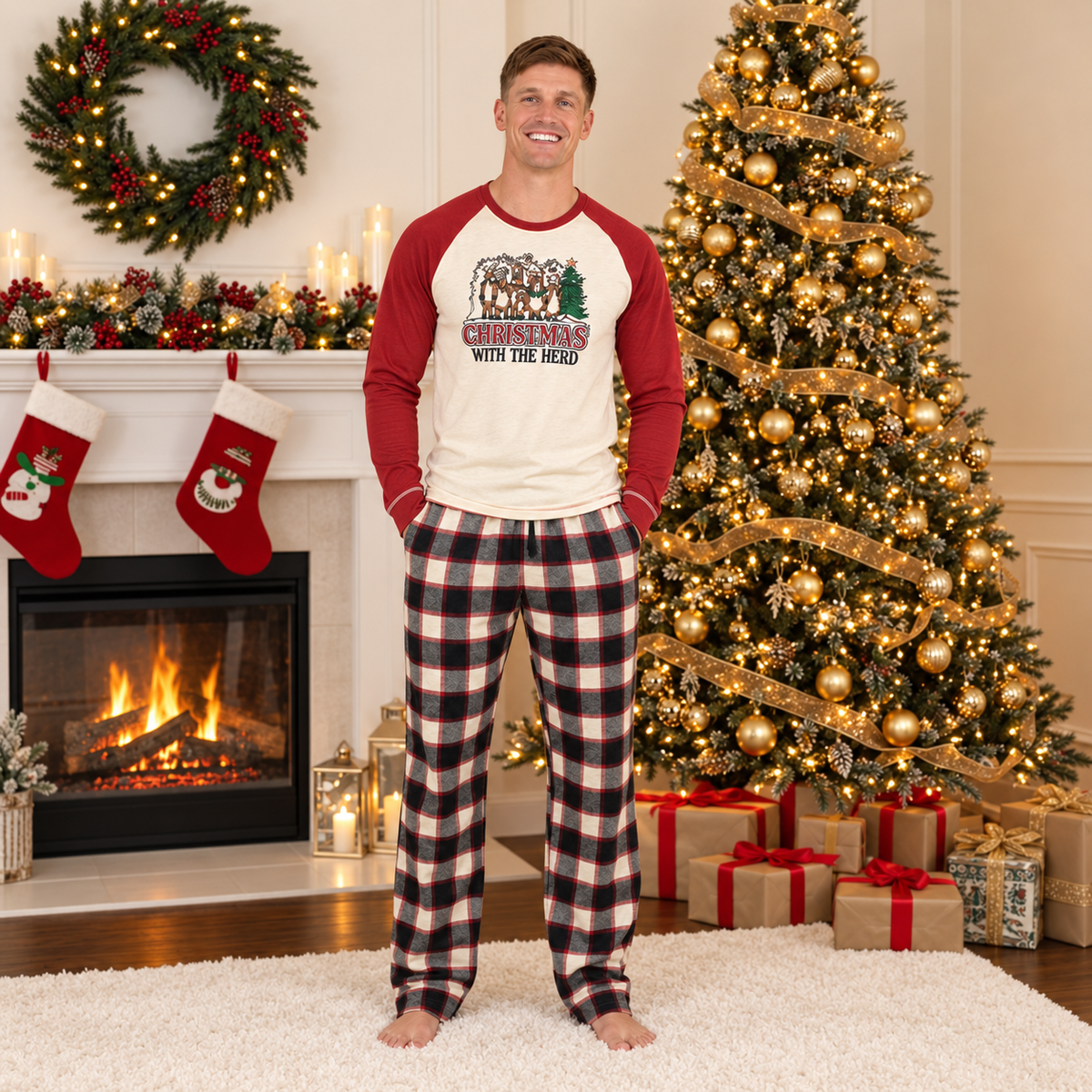 Long sleeve Christmas pajamas with reindeer print raglan tee and plaid pants - view 2