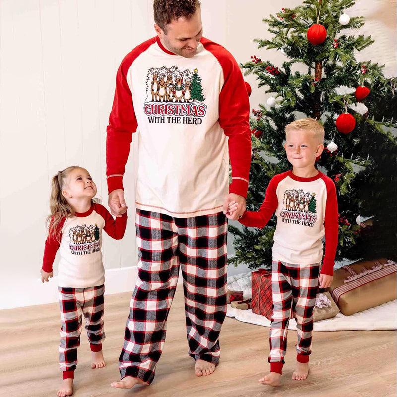 Long sleeve Christmas pajamas with reindeer print raglan tee and plaid pants - view 6