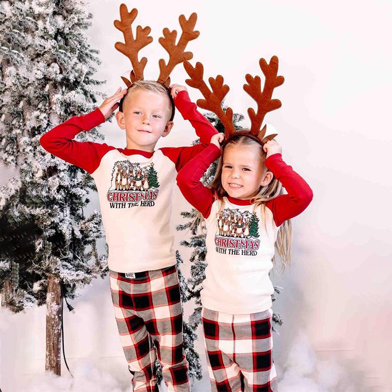 Long sleeve Christmas pajamas with reindeer print raglan tee and plaid pants - view 7