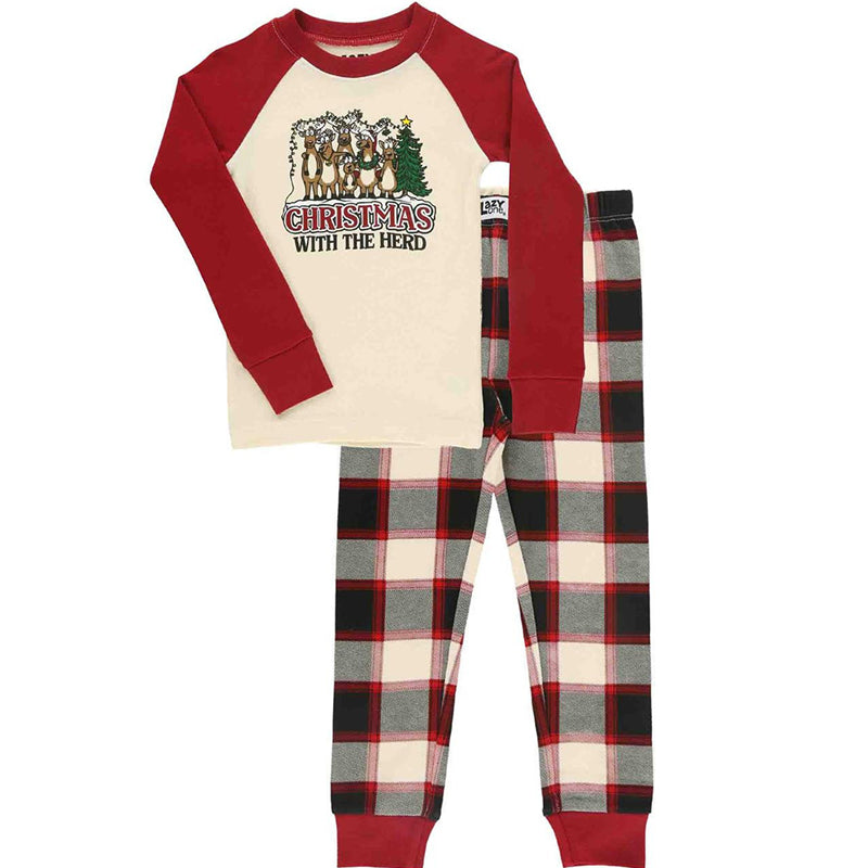 Long sleeve Christmas pajamas with reindeer print raglan tee and plaid pants - view 8