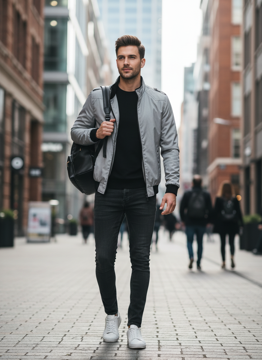Men's stand collar zip up bomber jacket, view 9