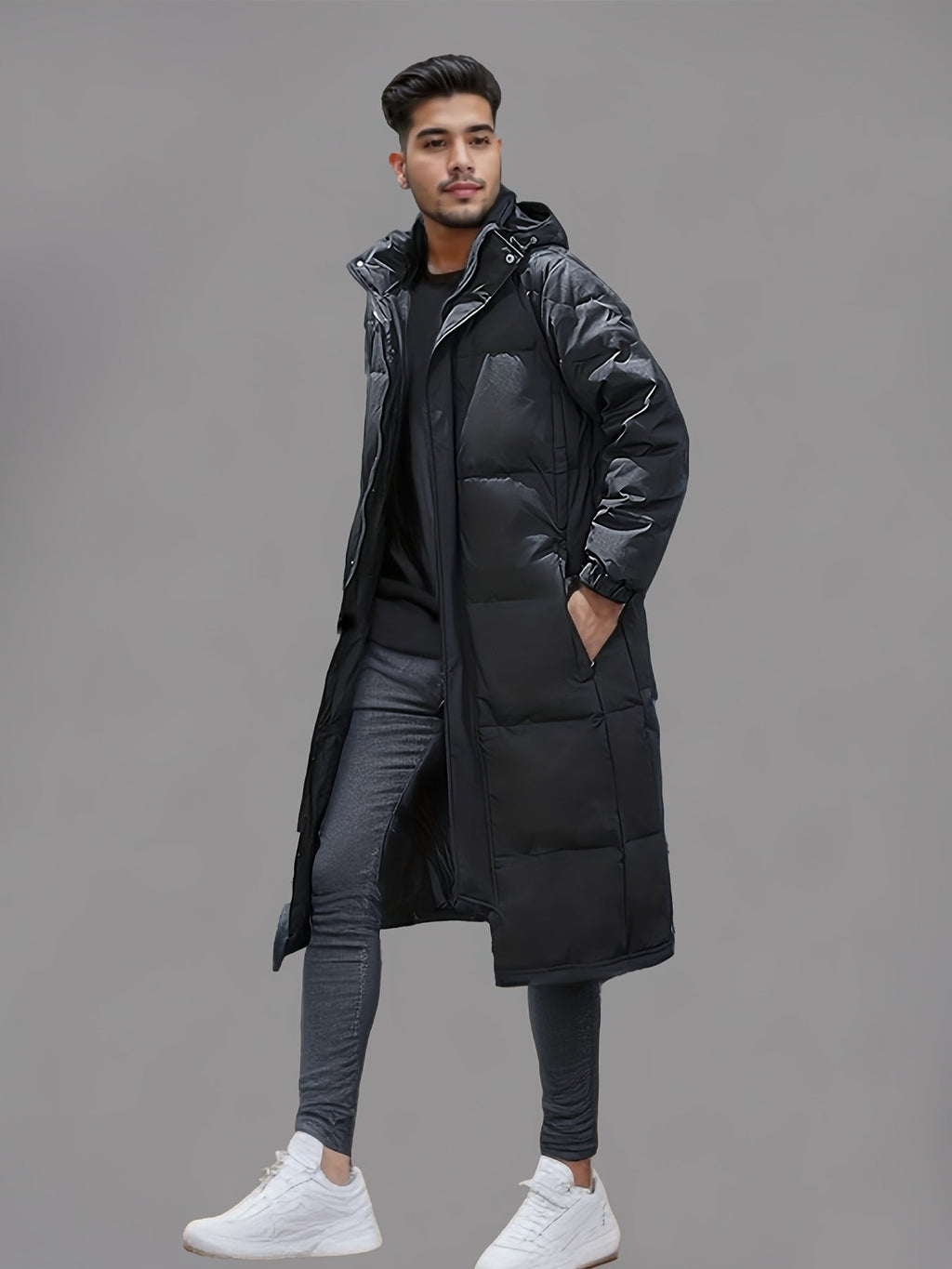 Men's long windproof puffer coat, view 6