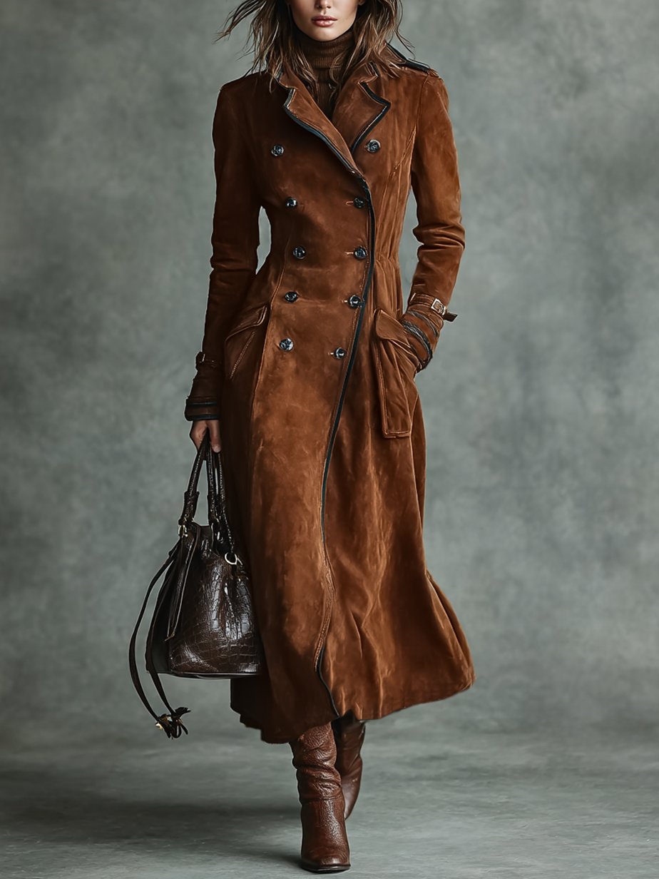 Brown suede-look long winter coat for women with dark-edged lapels