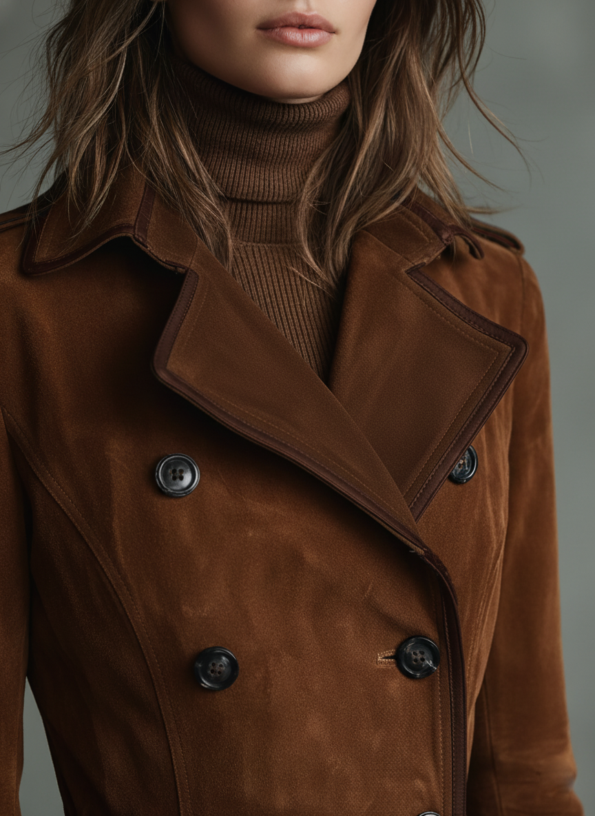 Brown suede-look long winter coat for women with dark-edged lapels - view 2