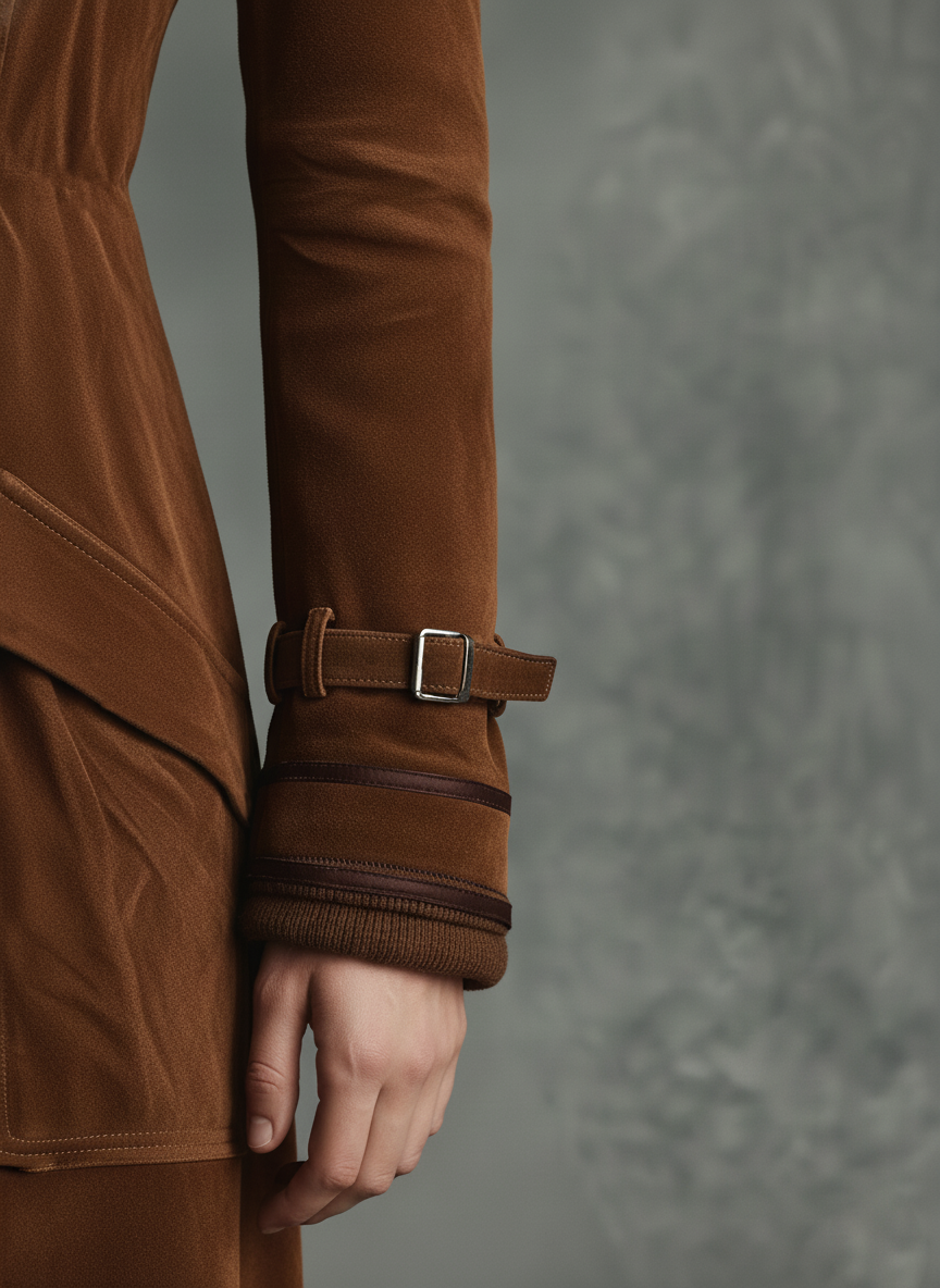 Brown suede-look long winter coat for women with dark-edged lapels - view 3