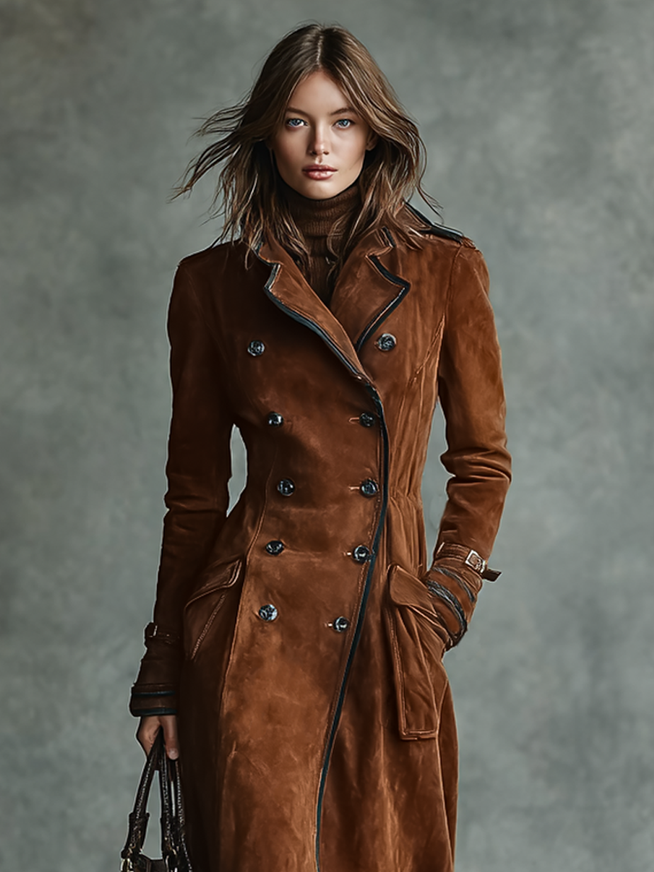 Brown suede-look long winter coat for women with dark-edged lapels - view 4