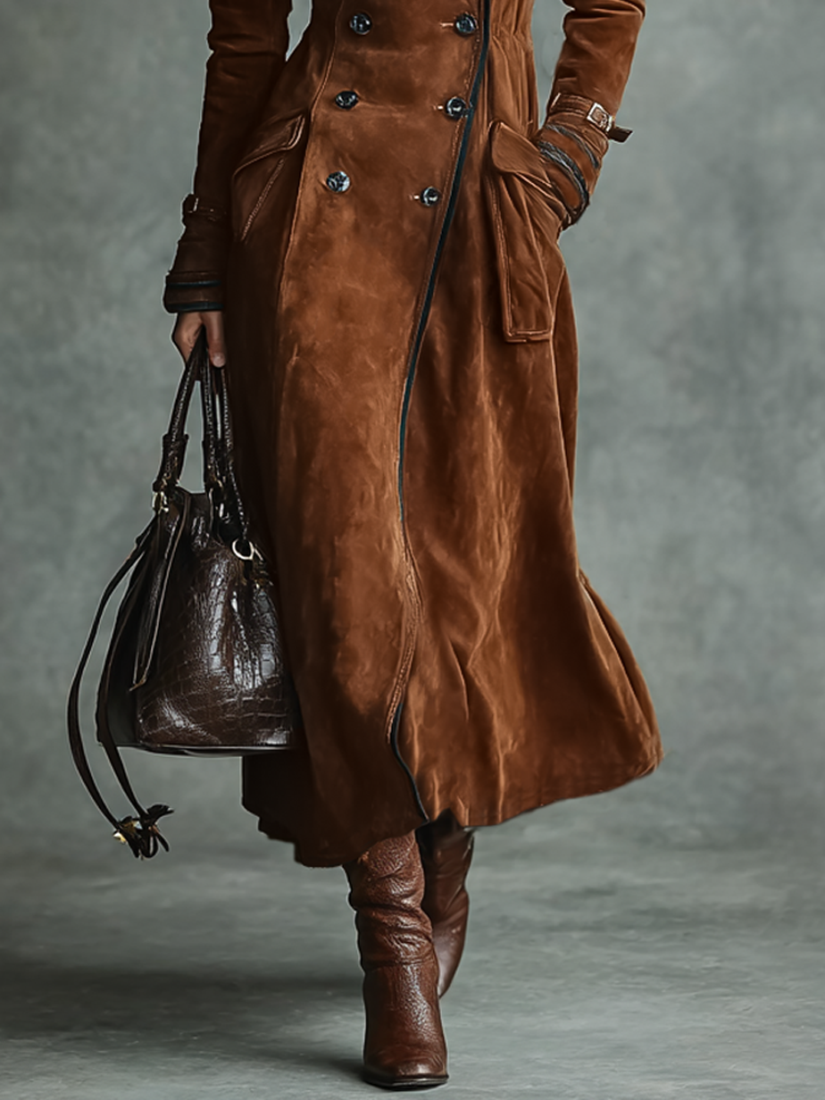 Brown suede-look long winter coat for women with dark-edged lapels - view 5