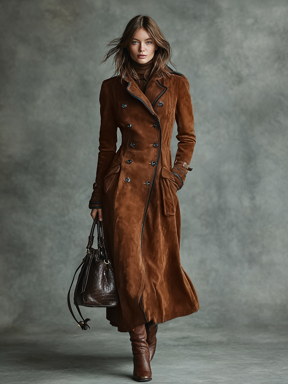 Brown suede-look long winter coat for women with dark-edged lapels - view 6