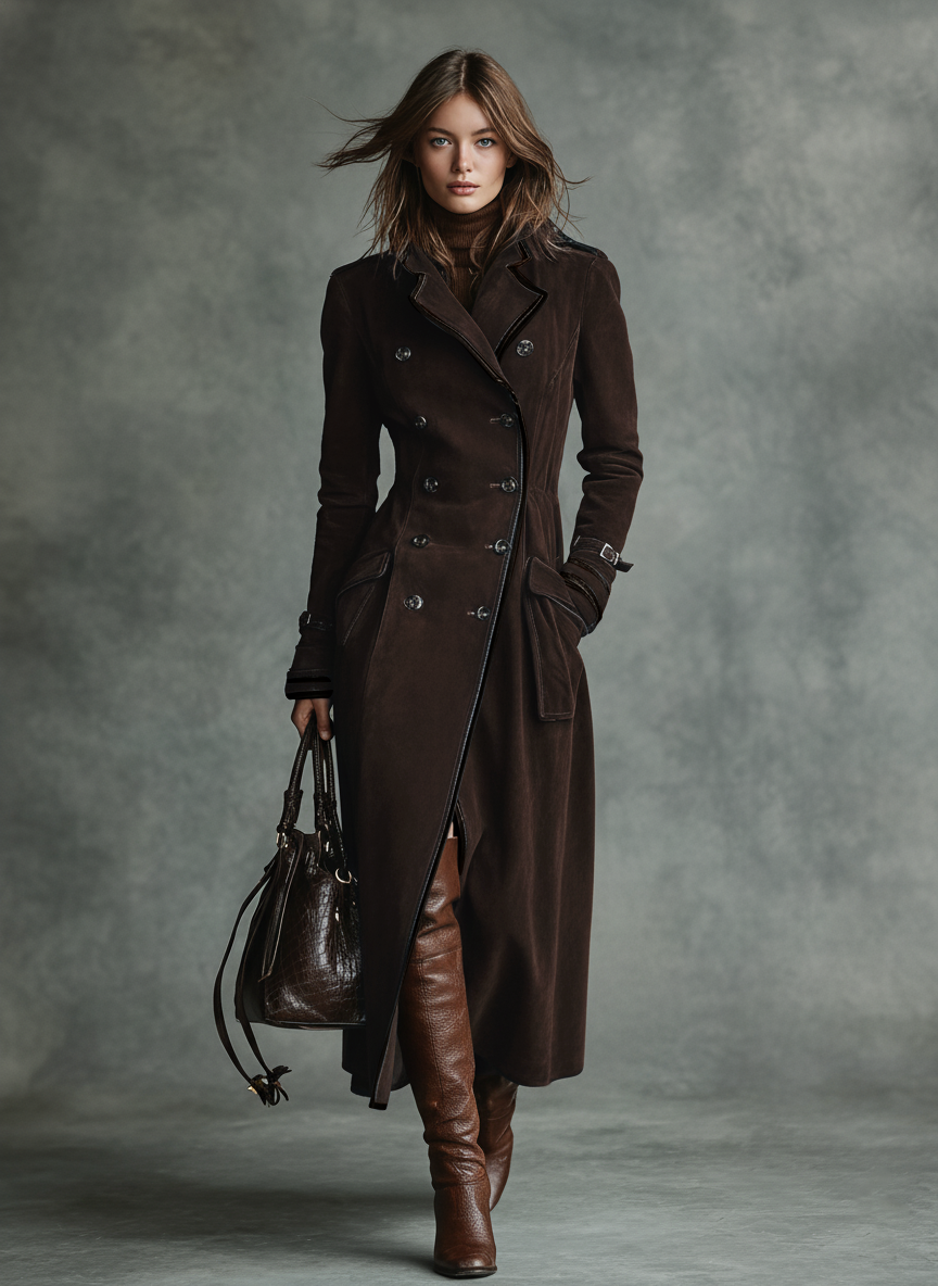 Brown suede-look long winter coat for women with dark-edged lapels - view 7