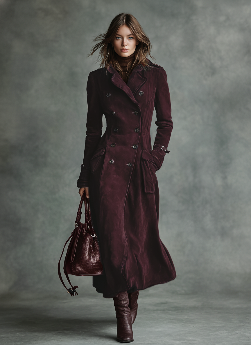 Brown suede-look long winter coat for women with dark-edged lapels - view 8