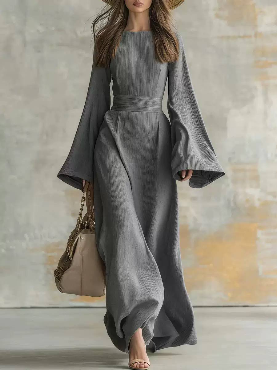 Holiday maxi dress with deep bell sleeves and ribbed texture