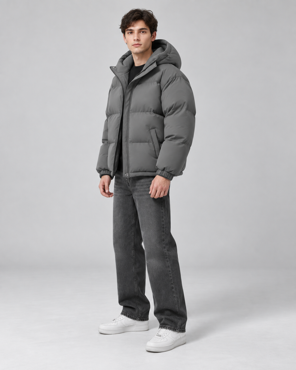 Men's hooded puffer jacket with horizontal quilting and relaxed fit - view 3