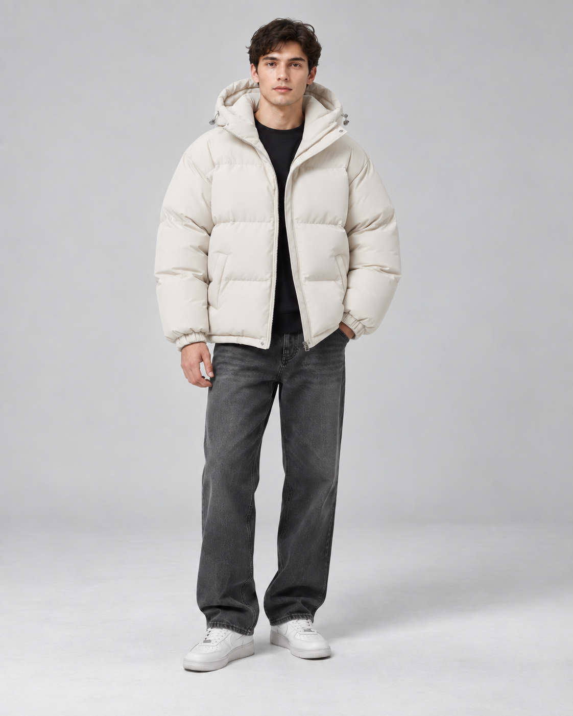 Men's hooded puffer jacket with horizontal quilting and relaxed fit - view 7