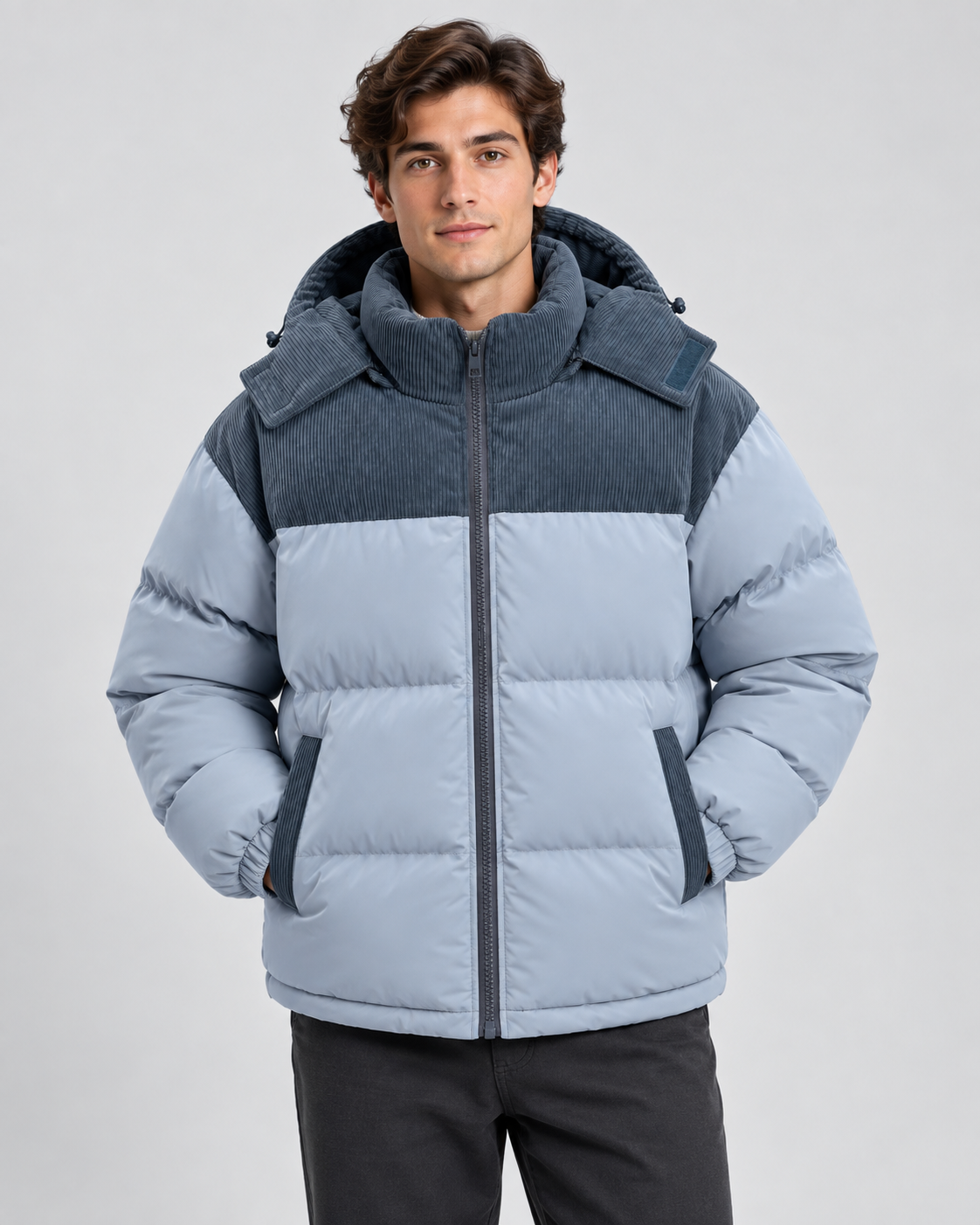 Men's hooded puffer jacket with corduroy yoke and color-block quilting
