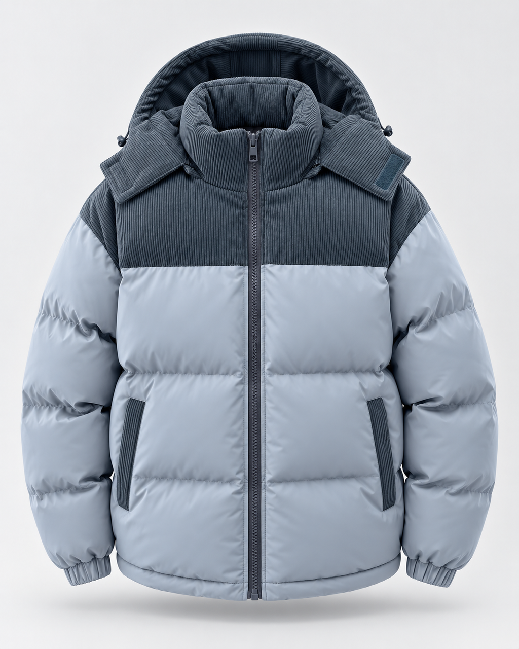 Men's hooded puffer jacket with corduroy yoke and color-block quilting - view 10