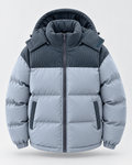 Men's hooded puffer jacket with corduroy yoke and color-block quilting - view 10