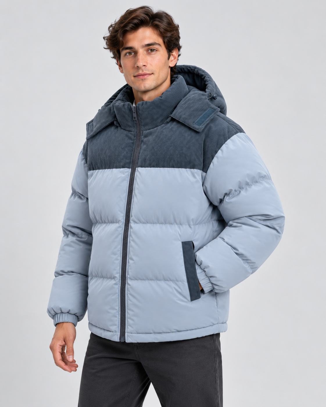 Men's hooded puffer jacket with corduroy yoke and color-block quilting - view 2