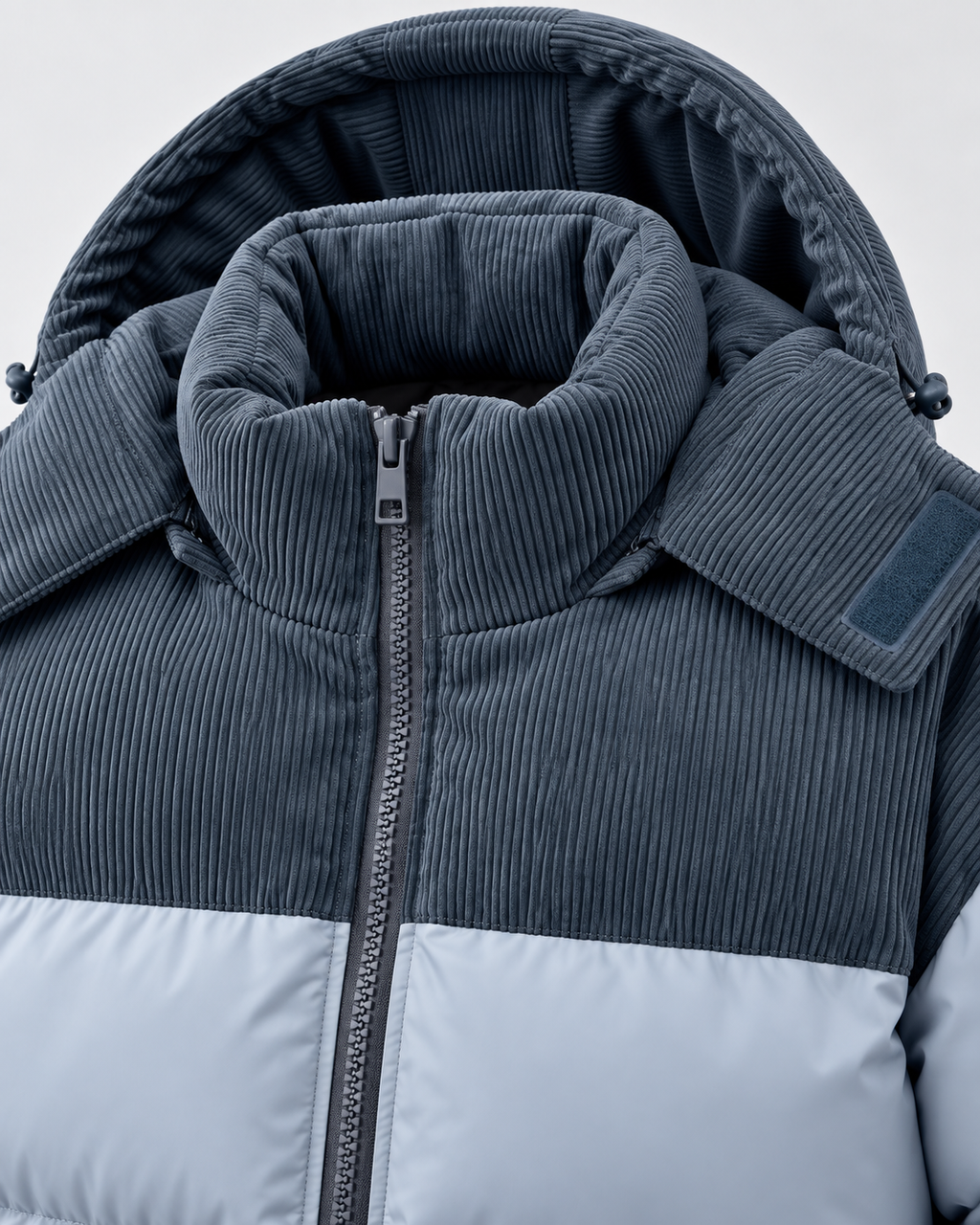 Men's hooded puffer jacket with corduroy yoke and color-block quilting - view 3