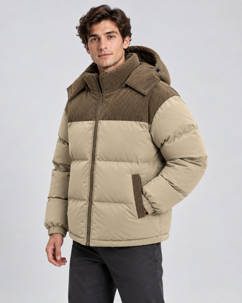 Men's hooded puffer jacket with corduroy yoke and color-block quilting - view 4