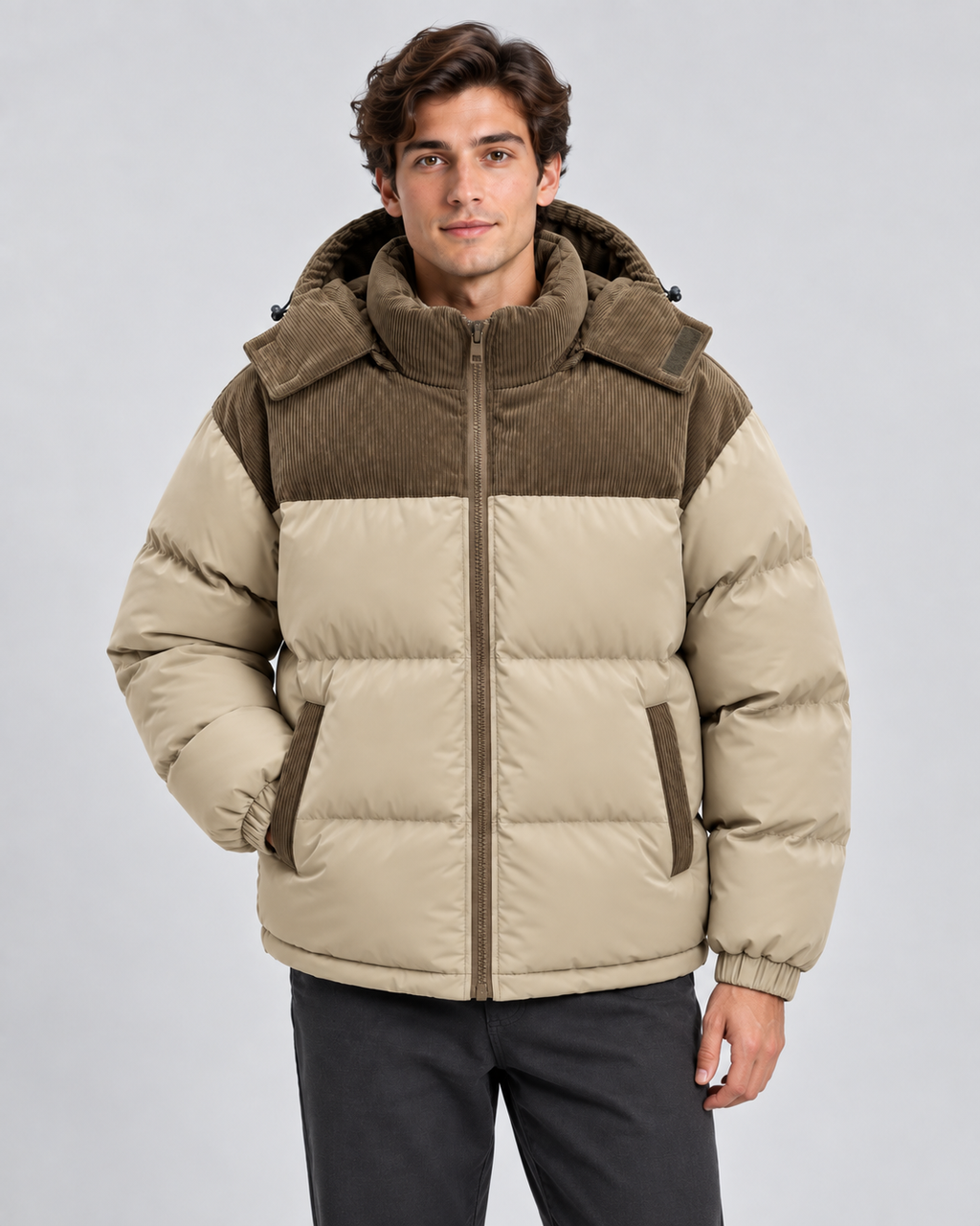 Men's hooded puffer jacket with corduroy yoke and color-block quilting - view 5