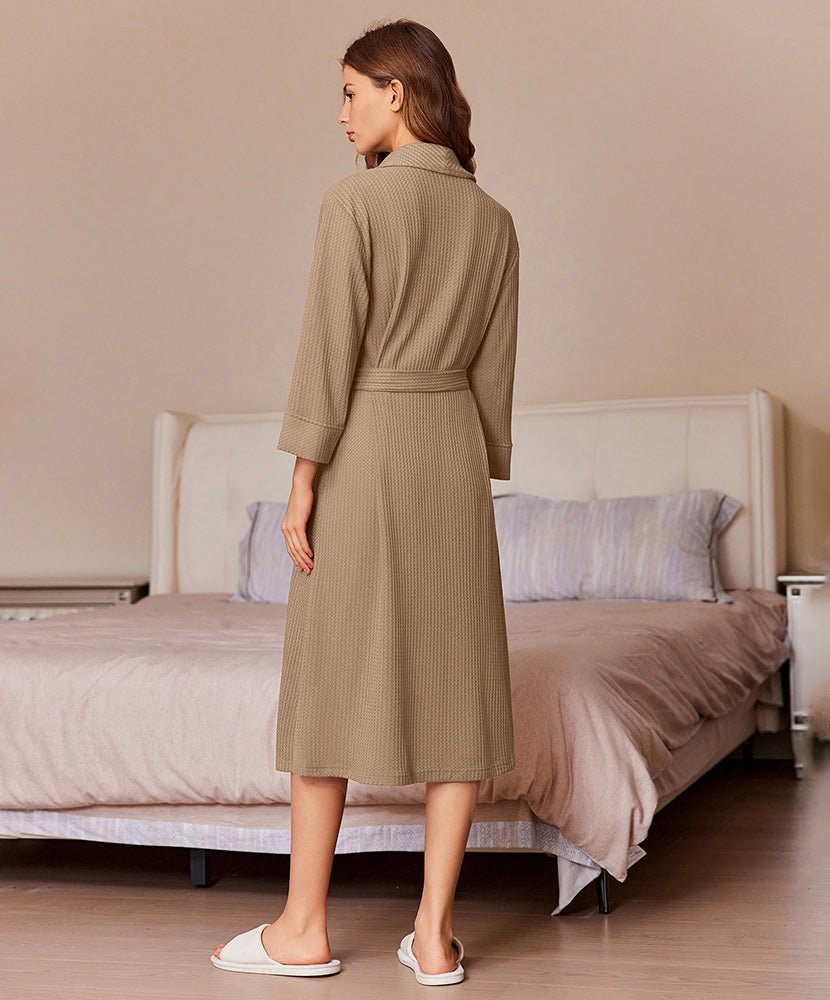Women's waffle knit robe with shawl collar, tie belt and patch pockets - view 3